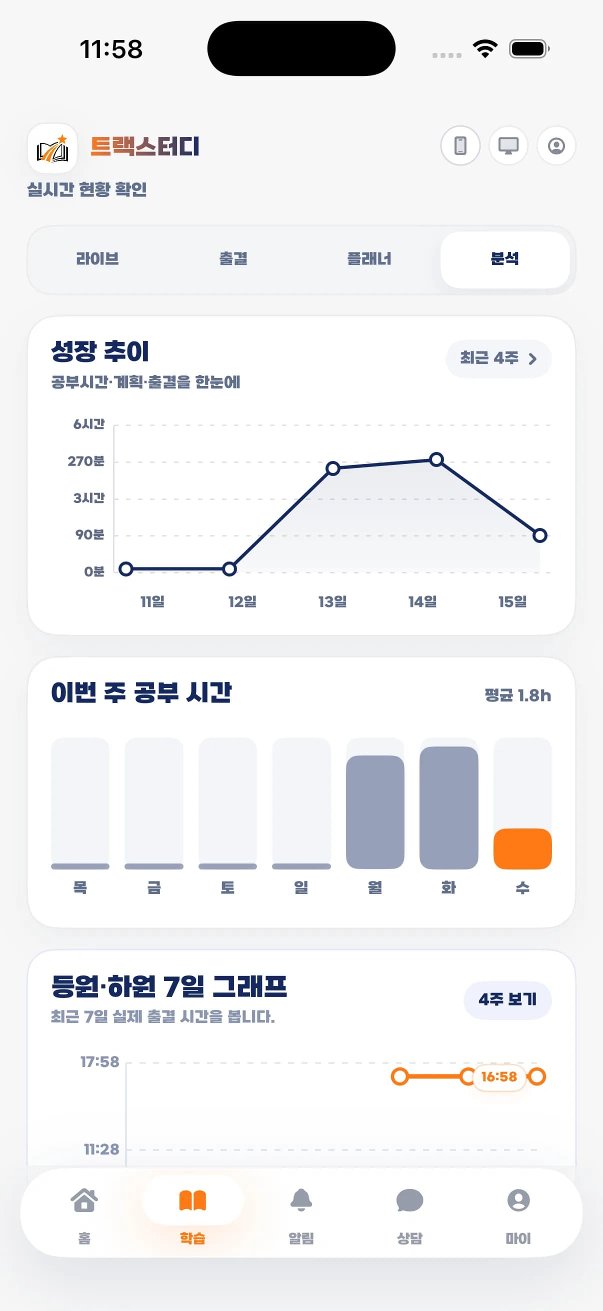 학습 현황과 피드백이 한 화면에서 보이는 실제 앱 화면